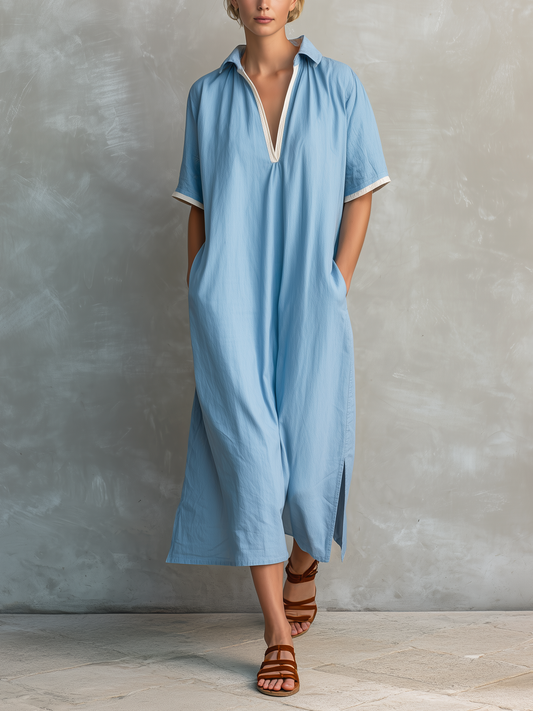 Lumina | Vestido Largo Holgado de Lino Manga Corta Cuello Camisero