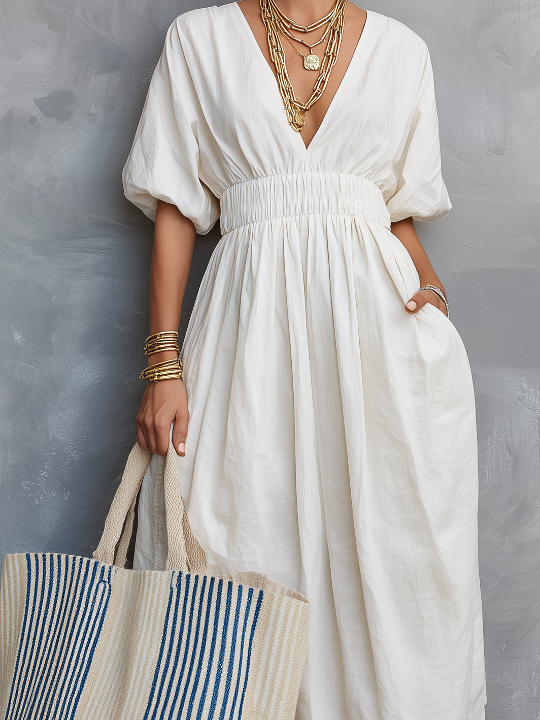 Liviana | Vestido Largo Informal de Lino Manga Corta Cuello en V