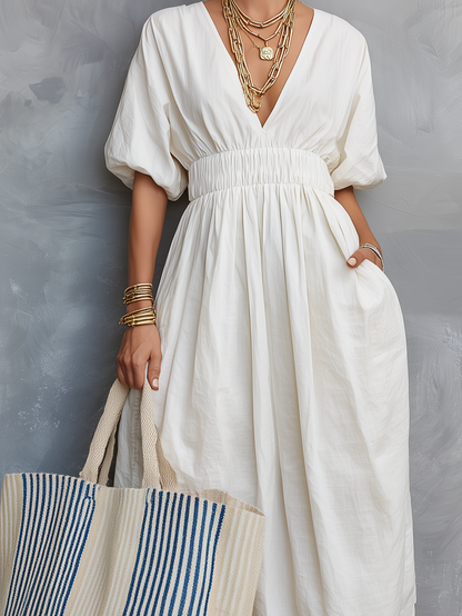 Liviana | Vestido Largo Informal de Lino Manga Corta Cuello en V