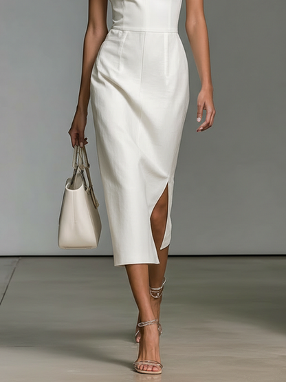 Enya | Vestido Midi de Lino Sin Mangas Cuello V en Pico