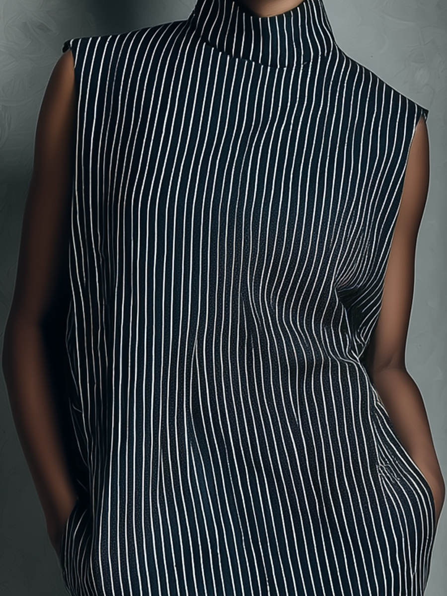 Zaria | Vestido Mini a Rayas Sin Mangas con Bolsillos Laterales
