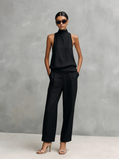 Kaira | Conjunto Elegante de Lino Top Sin Mangas Cuello Redondo y Pantalón