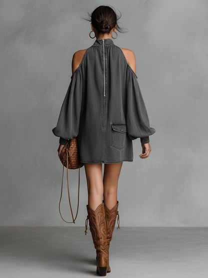 Candela | Mini Vestido Denim Minimalista Hombros Descubiertos