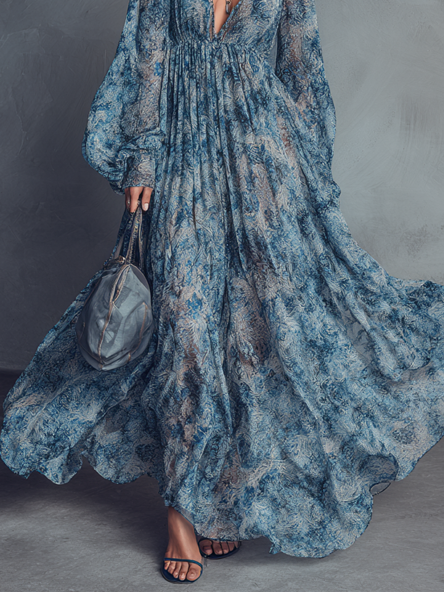 Alba | Vestido Largo Floral de Gasa con Cuello en V y Mangas Abullonadas