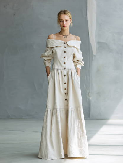 Maré | Vestido Camisero Tejido con Hombros Descubiertos y Mangas Sueltas