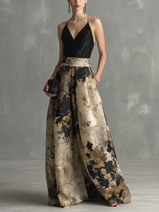 Zlata | Vestido Largo Tirantes Escote en V con Estampado Abstracto