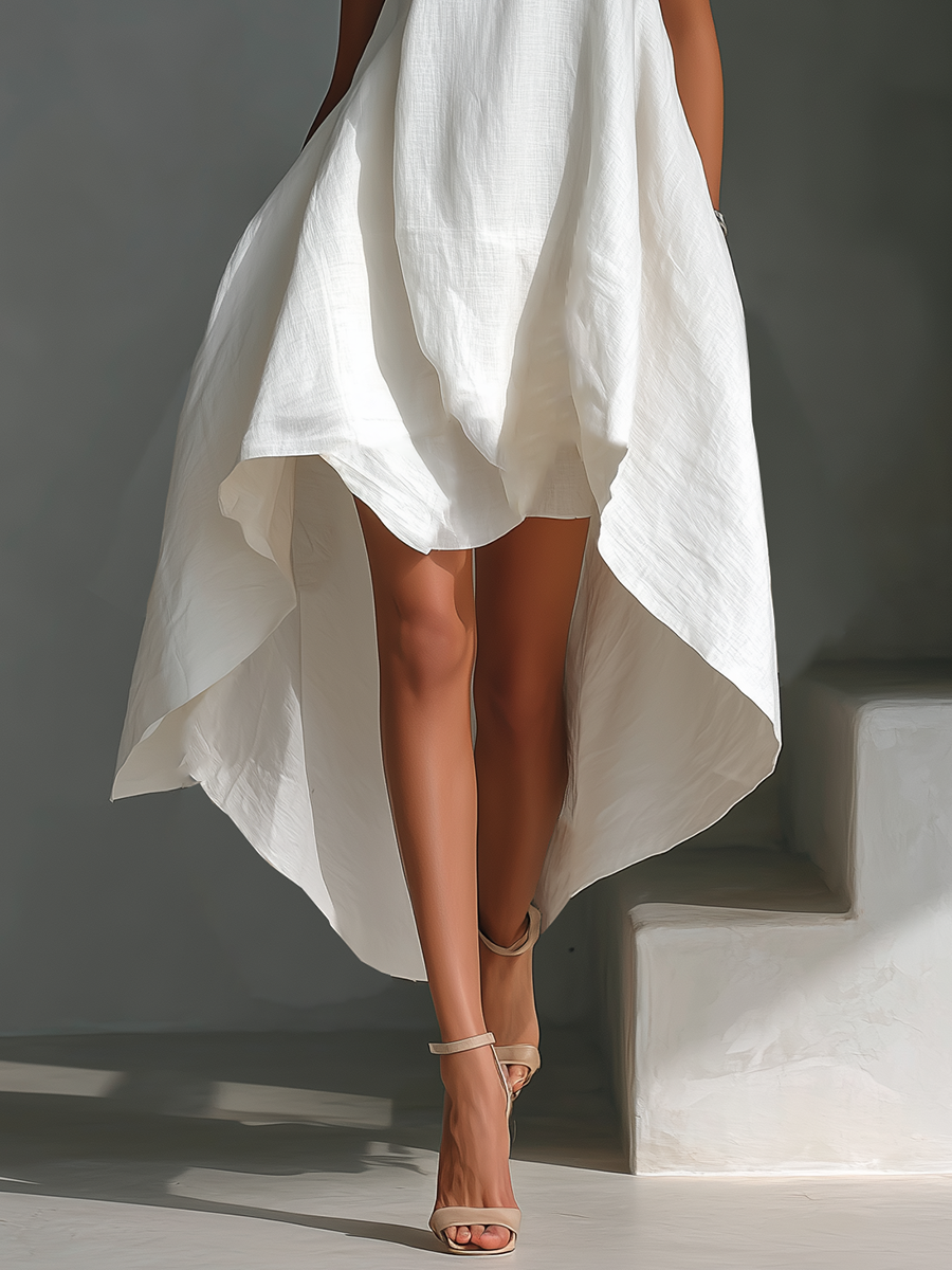 Aura | Vestido Midi de Lino Sin Mangas con Cuello Redondo y Doble Asimétrico