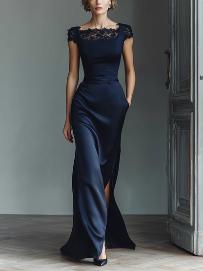 Isadora | Vestido Largo de Satén con Escote de Encaje