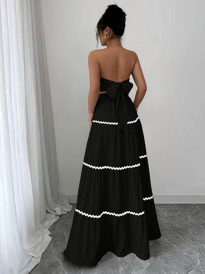 Selena | Conjunto Falda Boho Larga de Encaje a Rayas y Top Sin Mangas