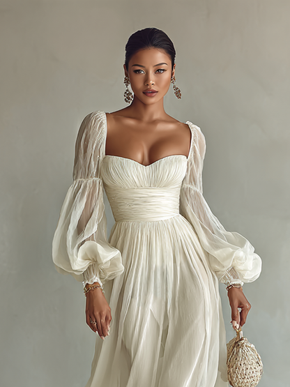 Siena | Vestido Largo de Gasa Manga Larga con Cuello Cuadrado