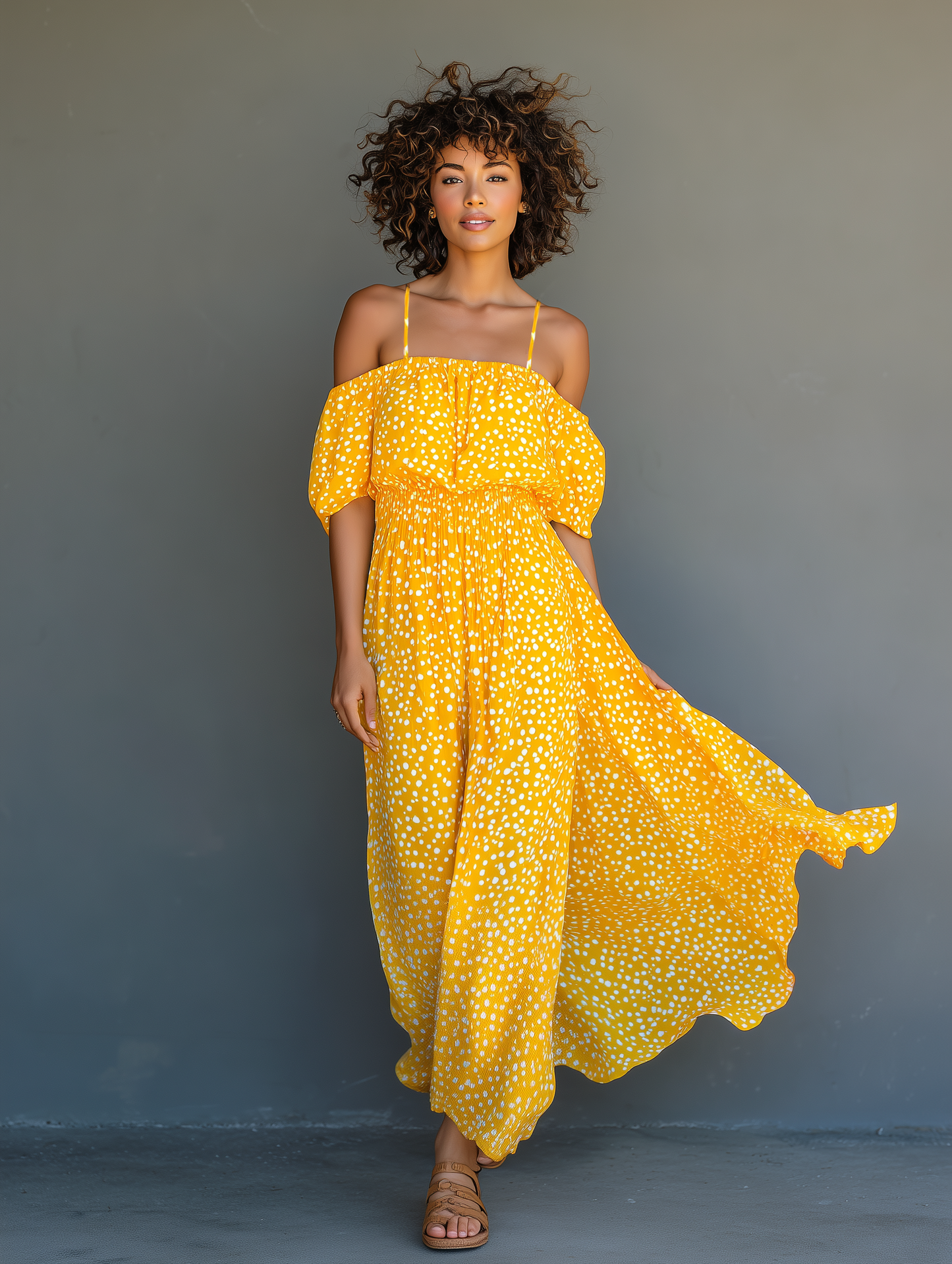 Solara | Vestido Largo Alegre de Gasa Manga Corta Tirantes