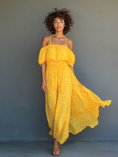 Solara | Vestido Largo Alegre de Gasa Manga Corta Tirantes
