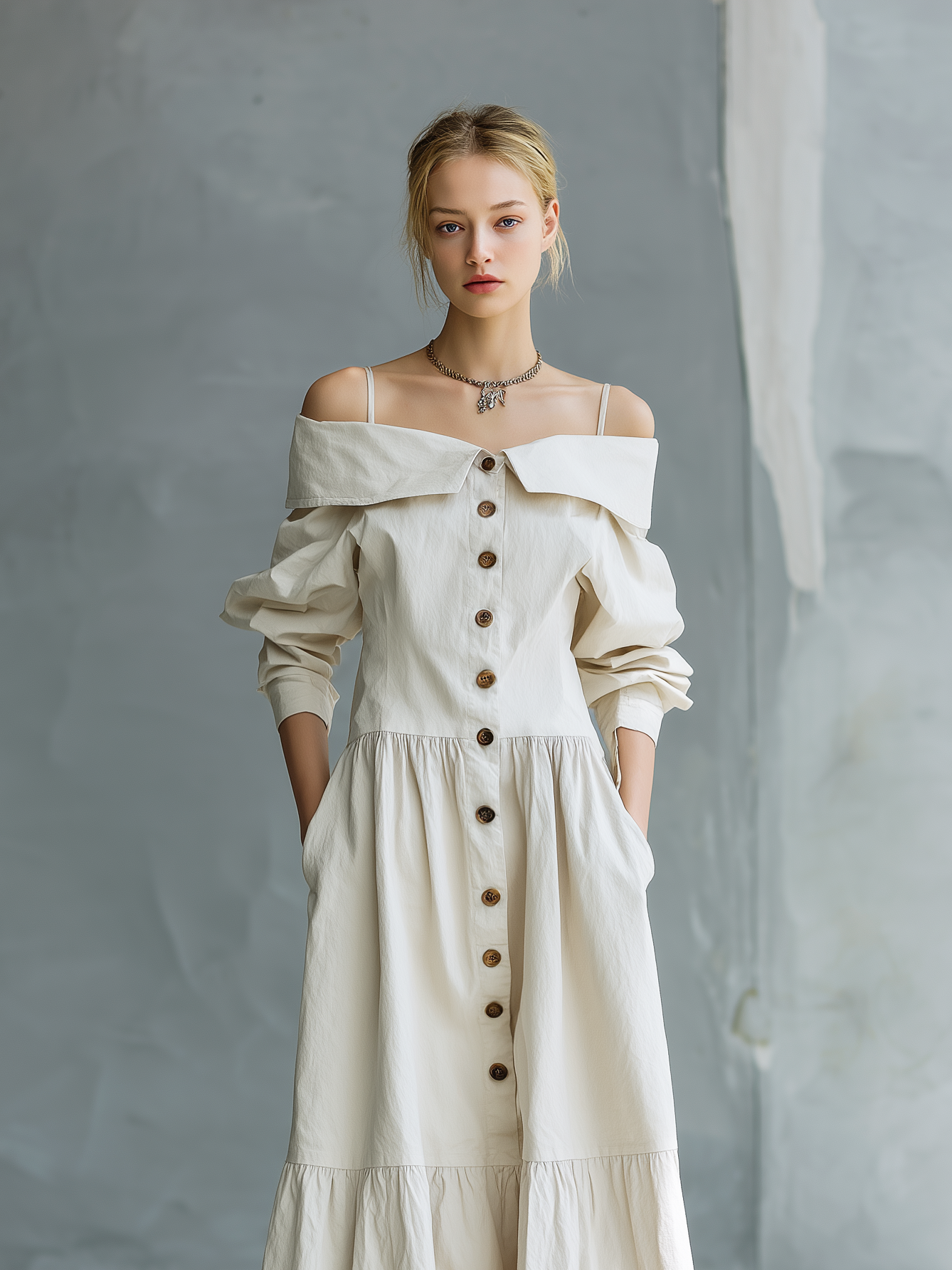 Maré | Vestido Camisero Tejido con Hombros Descubiertos y Mangas Sueltas