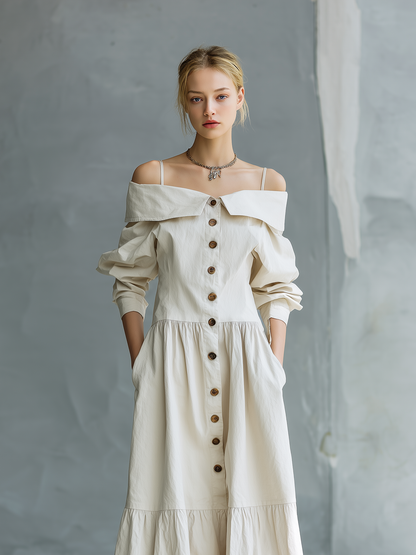 Maré | Vestido Camisero Tejido con Hombros Descubiertos y Mangas Sueltas