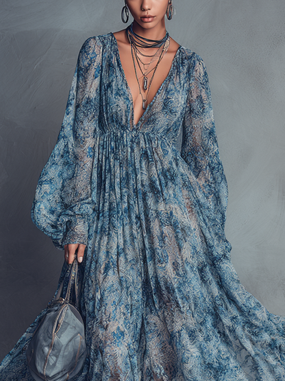 Alba | Vestido Largo Floral de Gasa con Cuello en V y Mangas Abullonadas