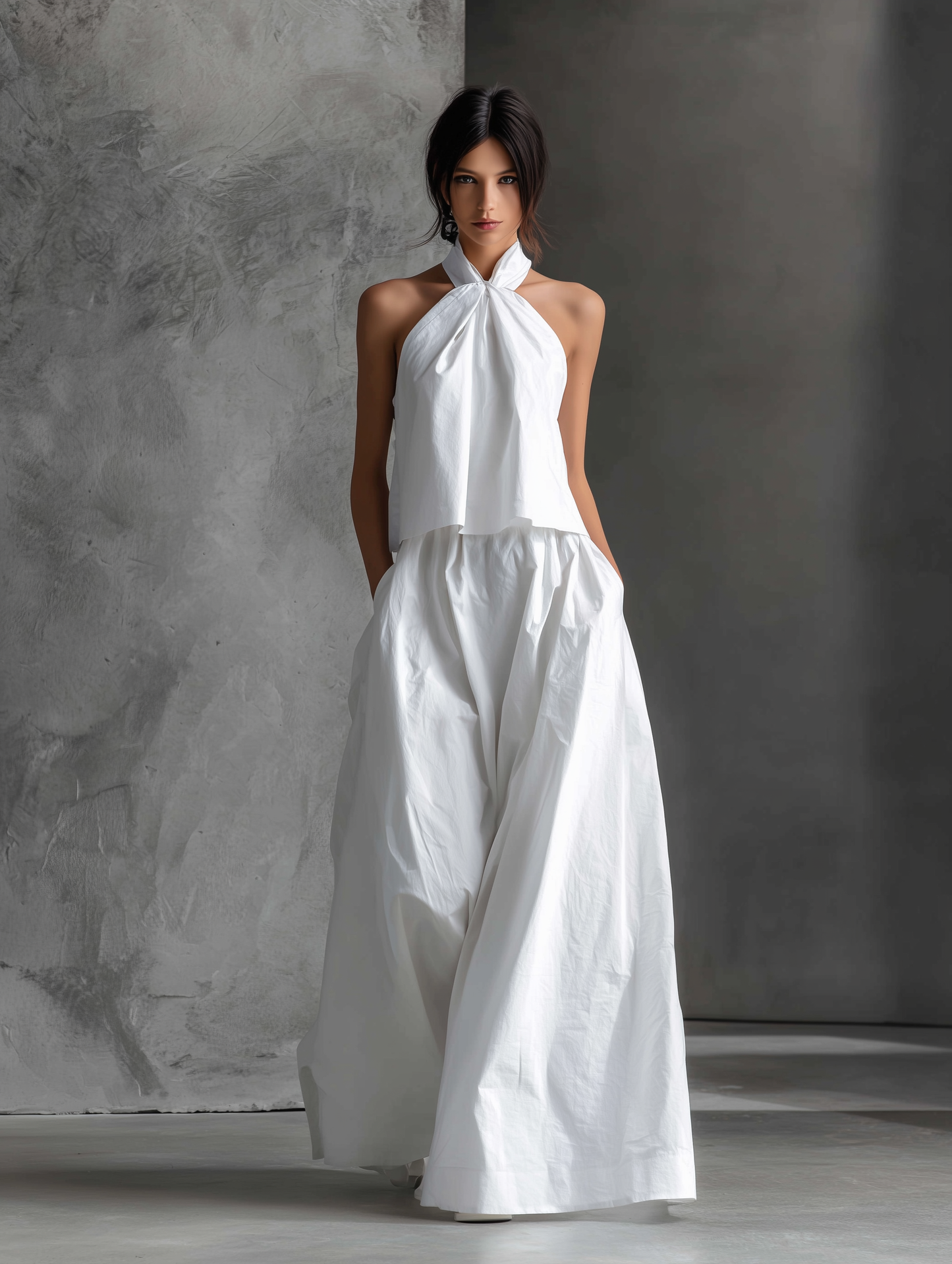 Elisenda | Conjunto Informal de Lino Top Sin Mangas Cuello Halter y Falda