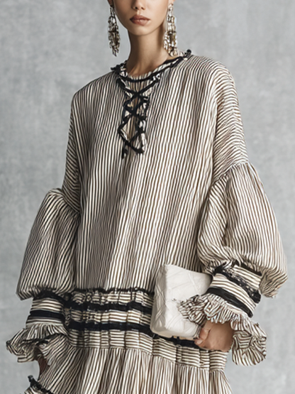 Centinela | Vestido Largo Manga Larga Volantes y Rayas Estilo Boho