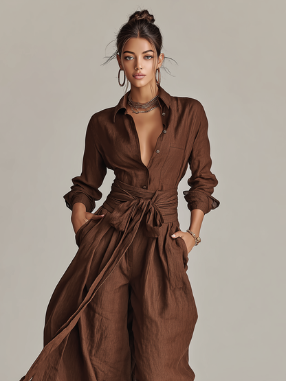 Loredana | Mono Elegante Manga Larga de Lino con Cuello Camisero