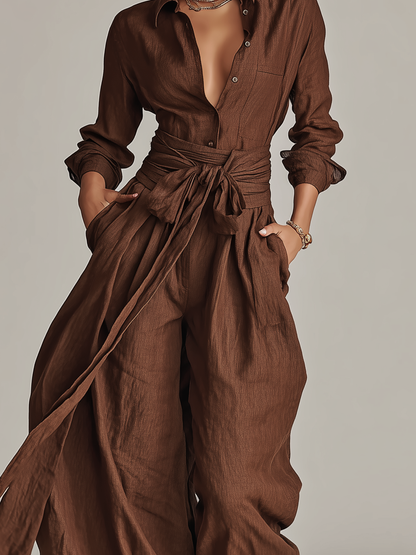 Loredana | Mono Elegante Manga Larga de Lino con Cuello Camisero