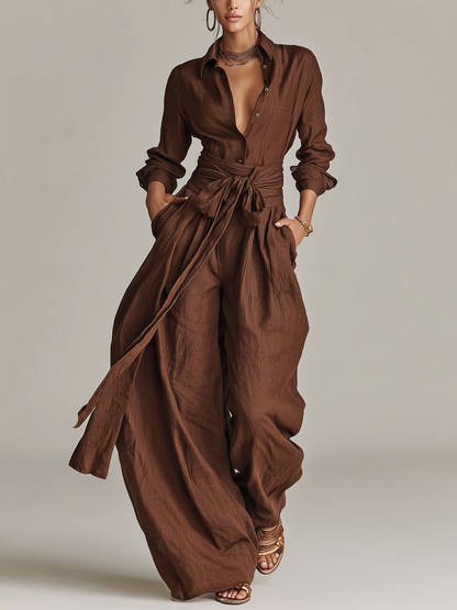 Loredana | Mono Elegante Manga Larga de Lino con Cuello Camisero