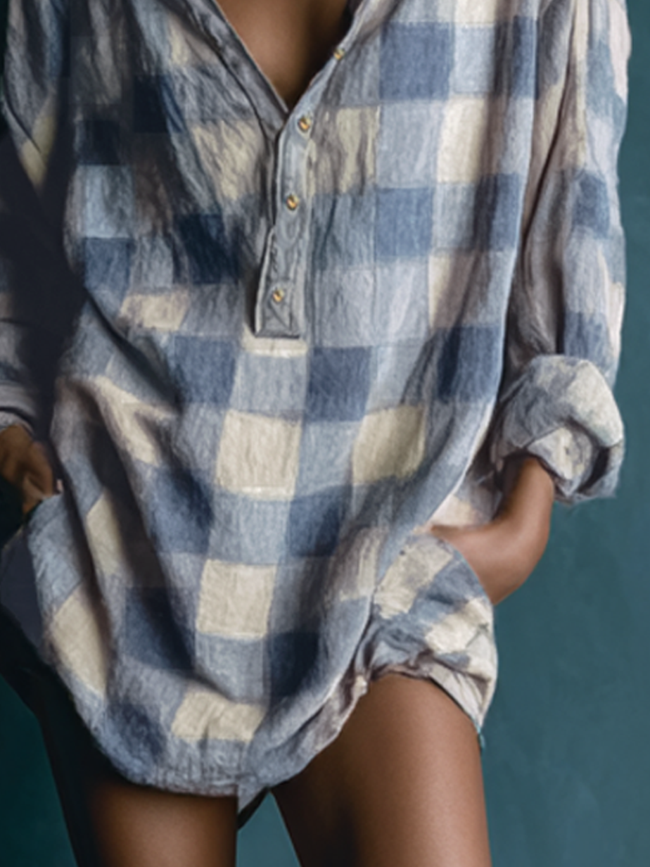 Orlith | Vestido Corto Holgado con Cuello Henley y Cuadros