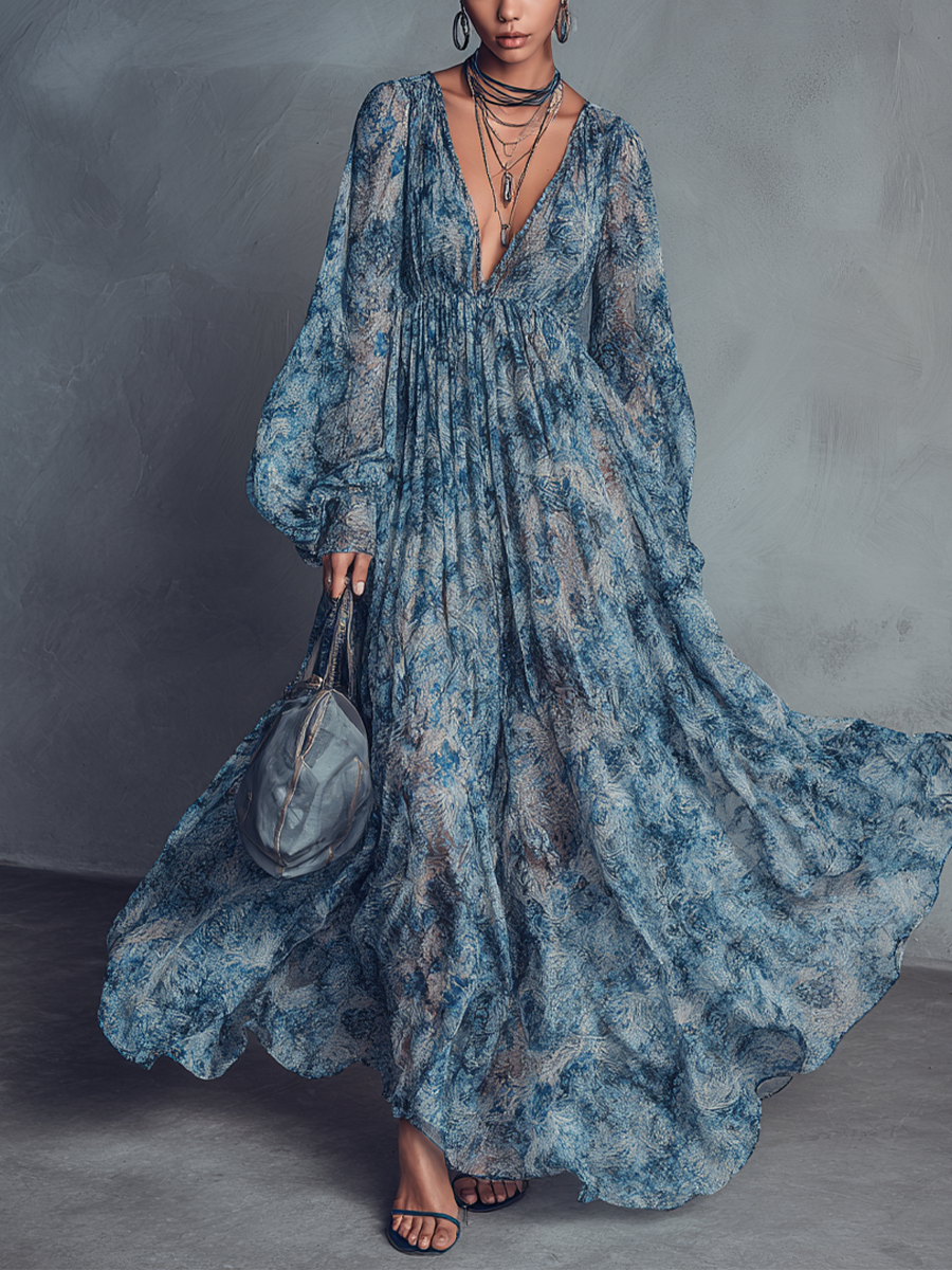 Alba | Vestido Largo Floral de Gasa con Cuello en V y Mangas Abullonadas