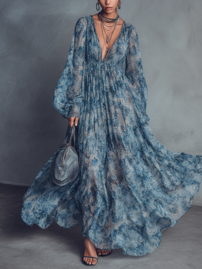 Alba | Vestido Largo Floral de Gasa con Cuello en V y Mangas Abullonadas