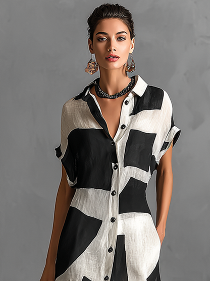 Nyvora | Vestido Camisero Largo con Solapa y Estampado Geométrico