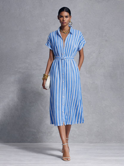 Zira | Vestido Midi Camisero Manga Corta a Rayas Acordonado