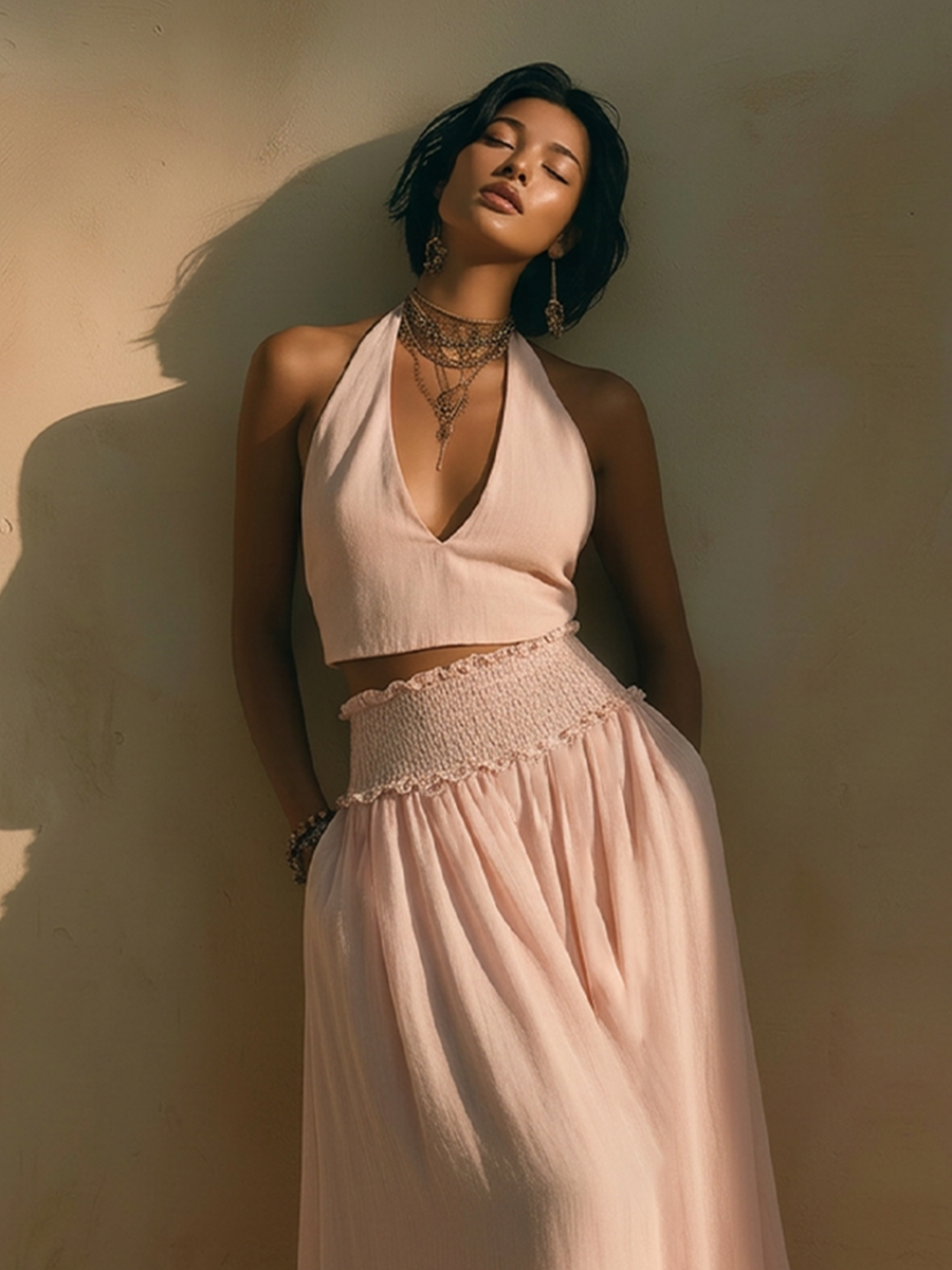 Fiorella | Conjunto Top Halter con Escote en V Profundo y Falda Fluida con Volantes