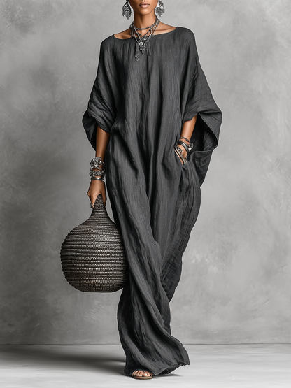 Emira | Vestido Largo Holgado de Lino Mangas Murciélago