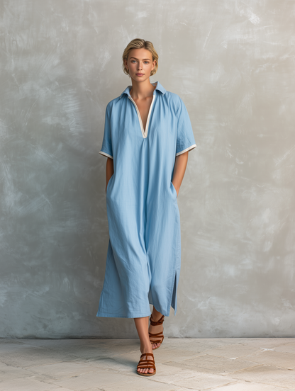 Lumina | Vestido Largo Holgado de Lino Manga Corta Cuello Camisero