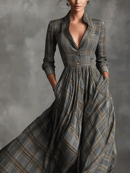 Seranova | Vestido Largo Acampanado de Lino con Estampado de Tartán