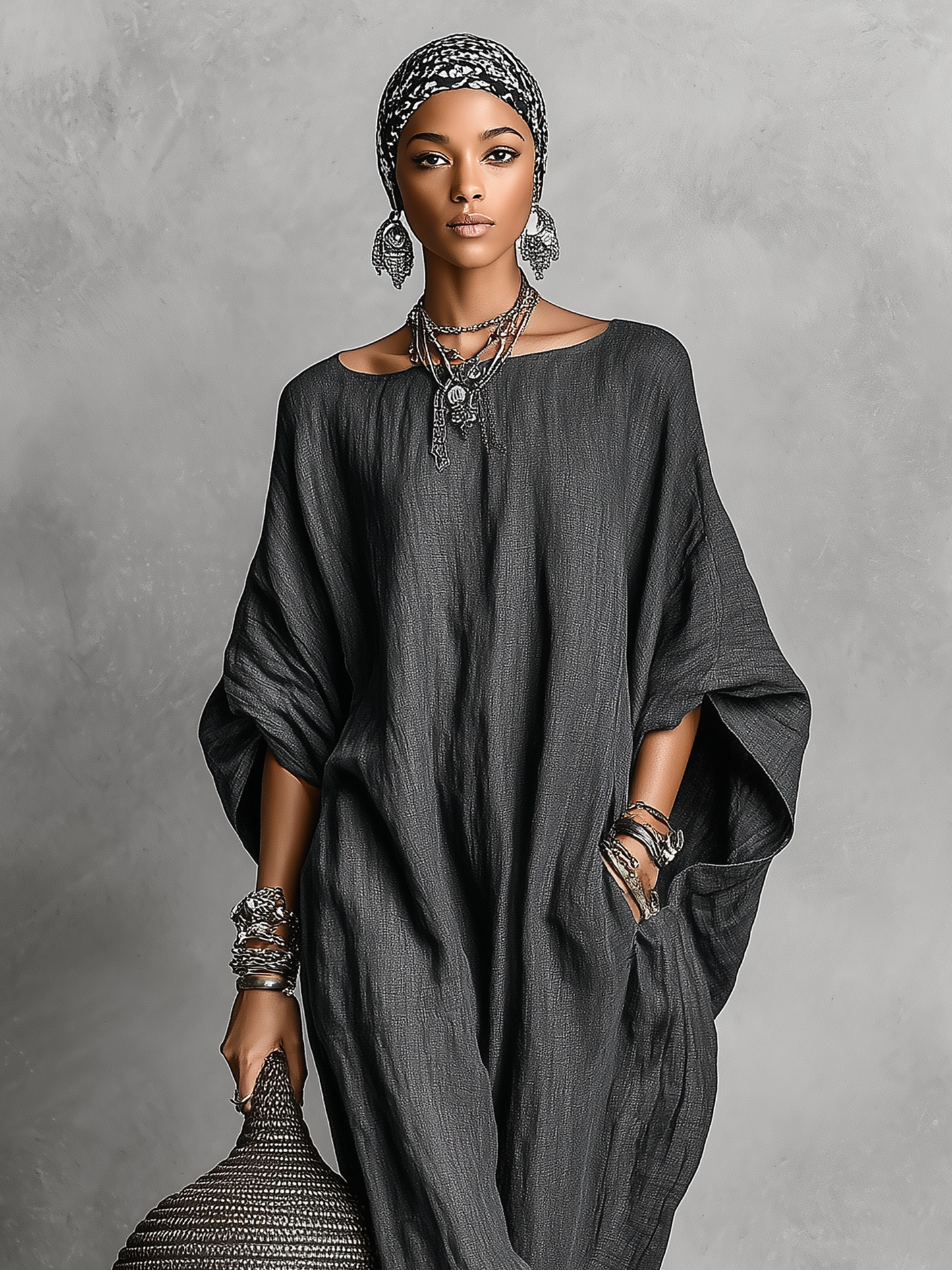 Emira | Vestido Largo Holgado de Lino Mangas Murciélago