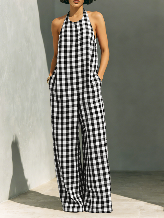 Tálora | Mono Holgado Minimalista con Cuello Halter y Estampado a Cuadros