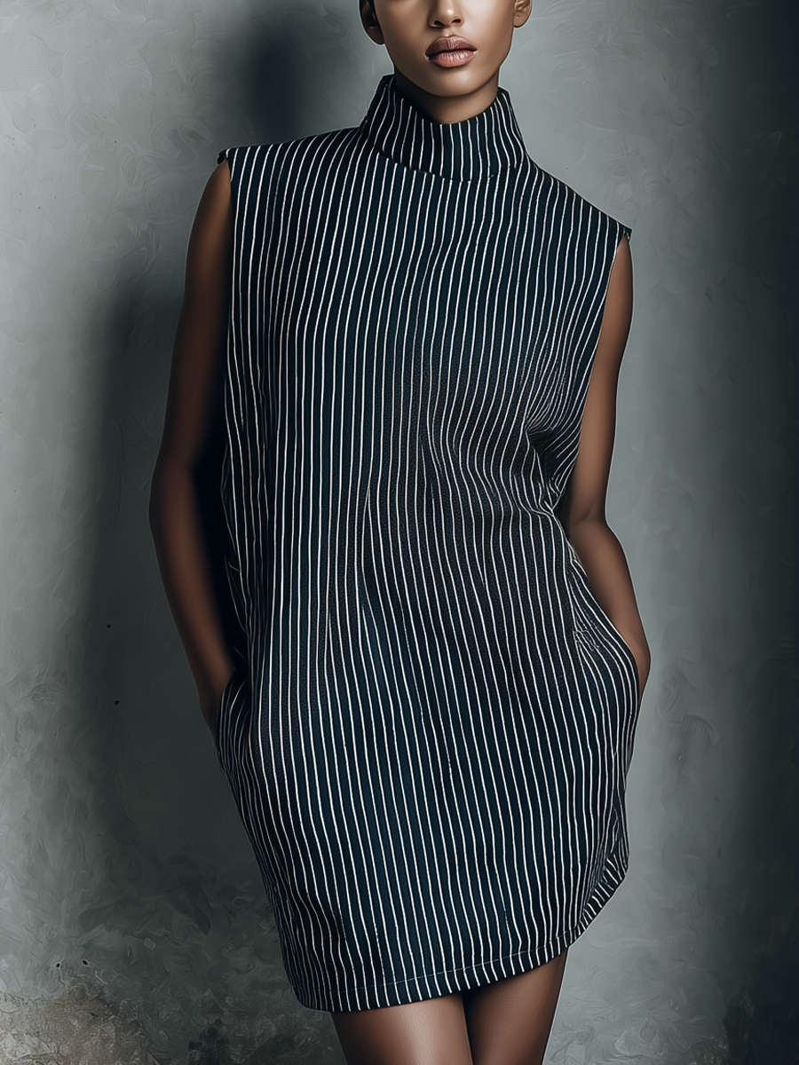 Zaria | Vestido Mini a Rayas Sin Mangas con Bolsillos Laterales