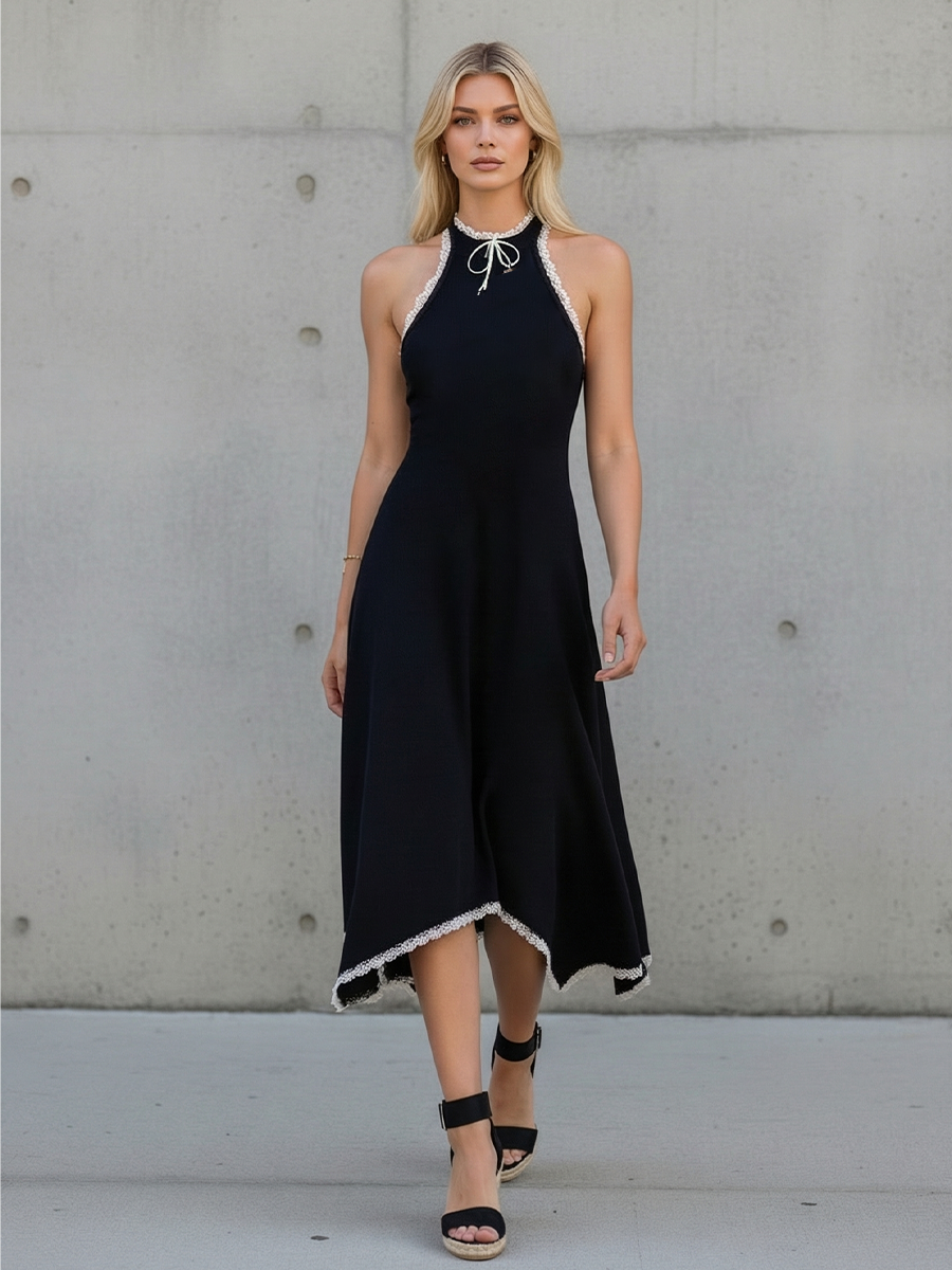 Isolde | Vestido de Punto con Cuello Halter y Ribete de Encaje en Contraste
