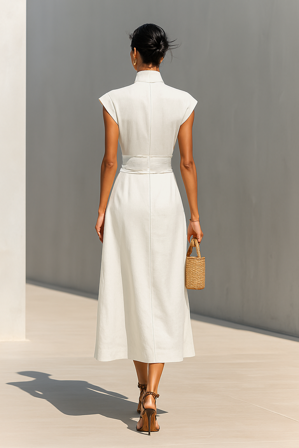 Clara | Vestido Largo Manga Corta de Algodón con Solapa y Cintura Ajustada