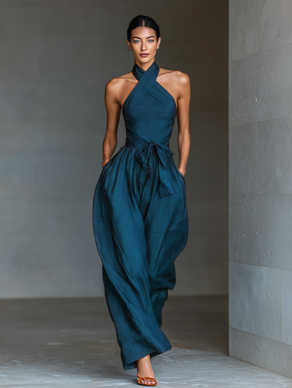 Valeska | Mono con Escote Halter Cruzado Perneras Anchas Lazo y Bolsillos