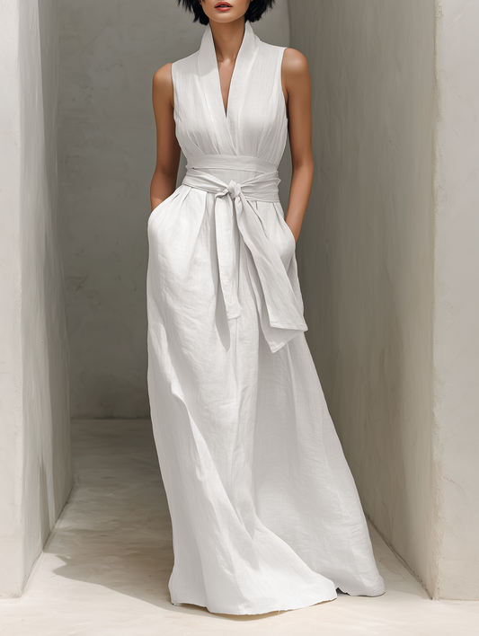 Kami | Vestido Largo de Lino Minimalista Sin Mangas Cuello en V